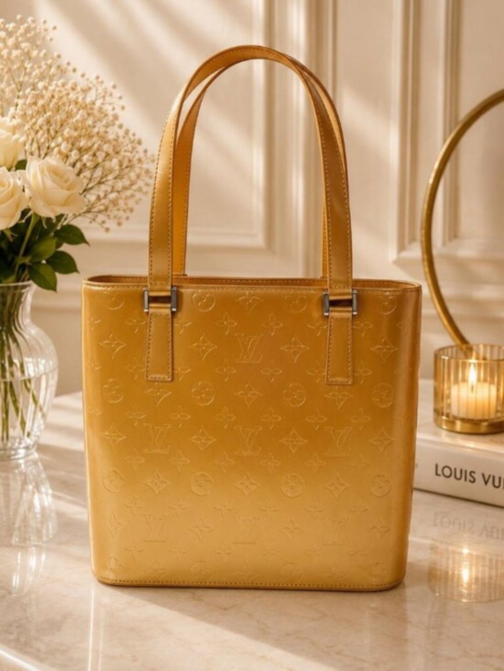 Authentic Louis Vuitton Stockton Monogram Mat Tote Bag Gold Leather Shoulder Bag